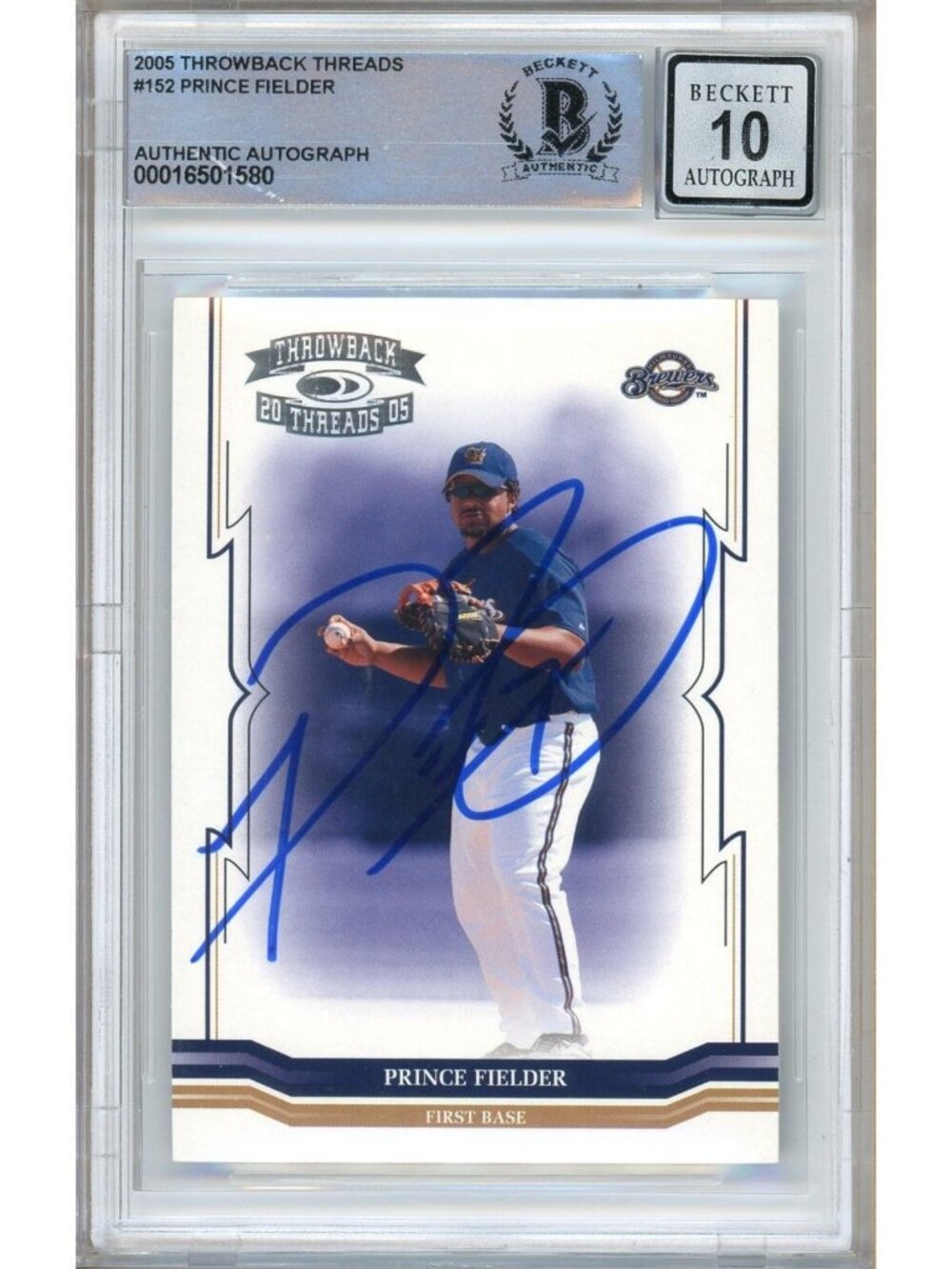 Prince Fielder Signed 2005 Donruss Throwback Threads #152 RC BAS Slab Auto 10